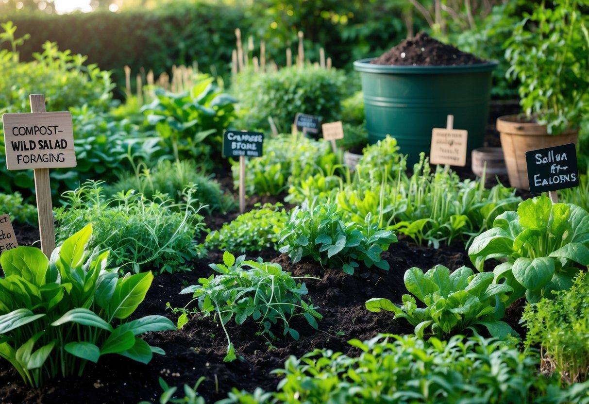 28+ Foraging Friendly Garden Ideas: Easy Plants to Grow for Sustainable Harvesting in the US 13 A garden area with various wild salad greens growing in rich soil, surrounded by compost and garden tools.