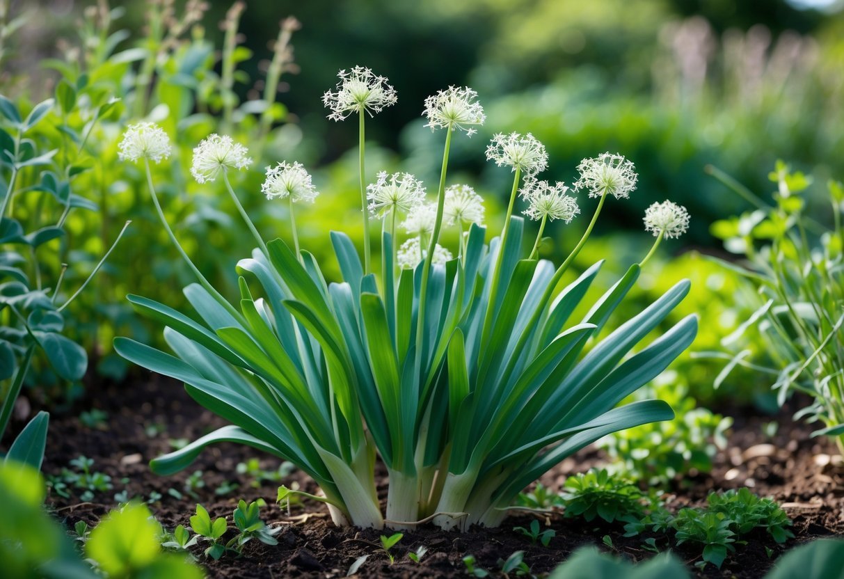 28+ Foraging Friendly Garden Ideas: Easy Plants to Grow for Sustainable Harvesting in the US 14 A cluster of wild garlic plants with green leaves and white flowers growing in a garden surrounded by other plants.