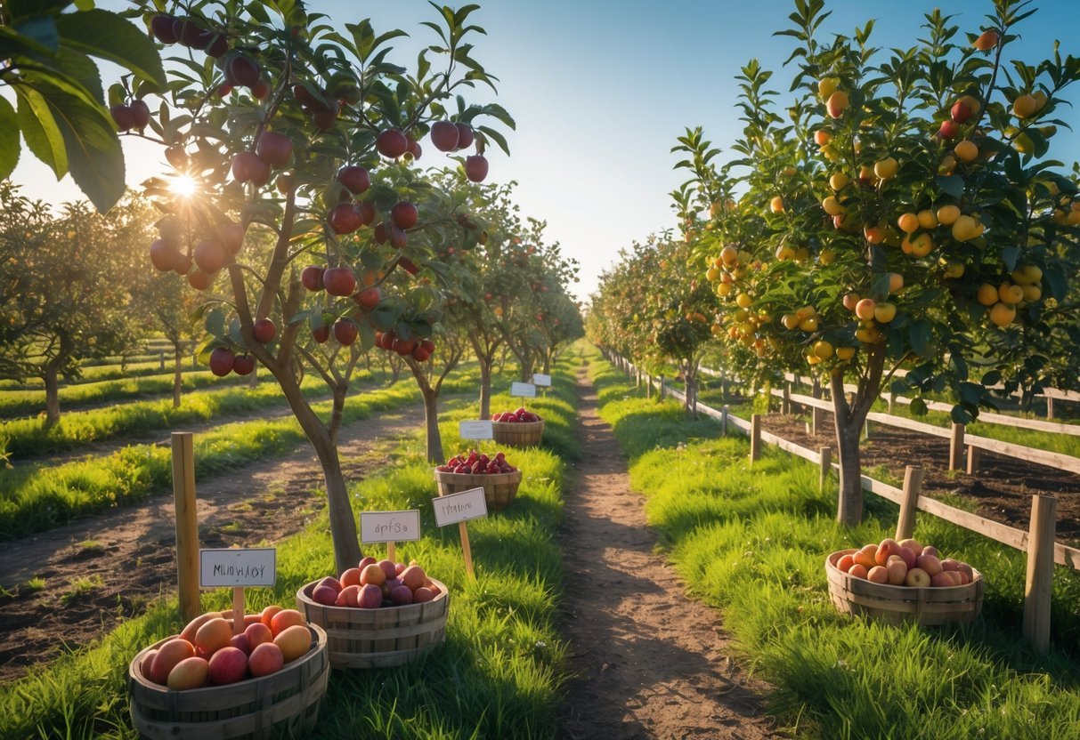 28+ Foraging Friendly Garden Ideas: Easy Plants to Grow for Sustainable Harvesting in the US 15 A small orchard with various fruit trees bearing ripe fruits, green grass, and wooden baskets filled with fruit on the ground.
