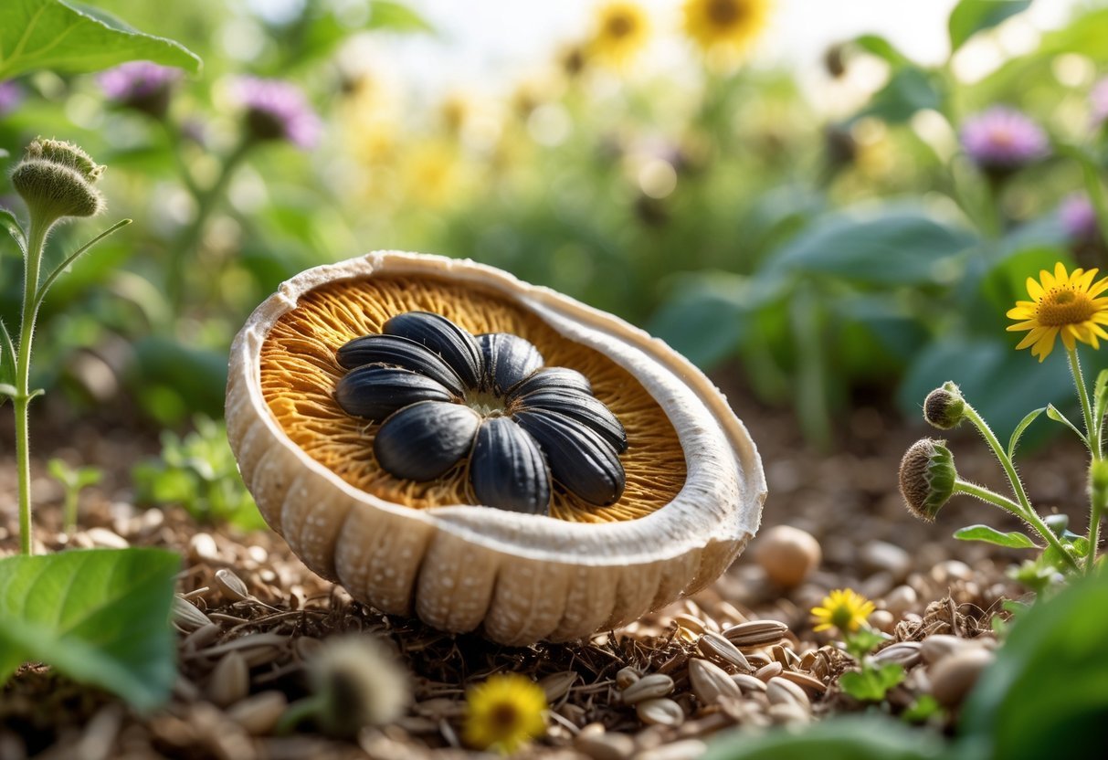 28+ Foraging Friendly Garden Ideas: Easy Plants to Grow for Sustainable Harvesting in the US 16 Close-up of a sunflower seed section surrounded by green plants and flowers in a garden.