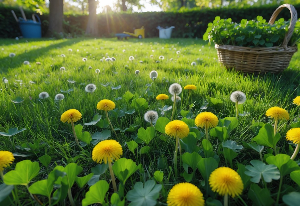 28+ Foraging Friendly Garden Ideas: Easy Plants to Grow for Sustainable Harvesting in the US 17 A green lawn filled with dandelions and clover plants under soft sunlight, with a basket and garden tools nearby.