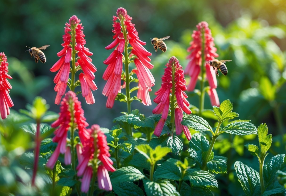 28+ Foraging Friendly Garden Ideas: Easy Plants to Grow for Sustainable Harvesting in the US 18 Close-up of blooming bee balm flowers and green mint plants with bees foraging among them in a garden.