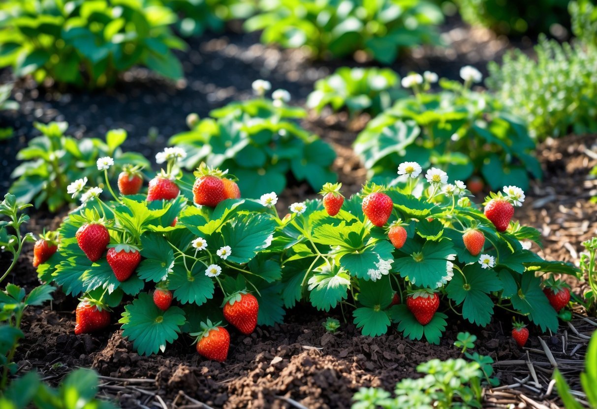 28+ Foraging Friendly Garden Ideas: Easy Plants to Grow for Sustainable Harvesting in the US 20 A garden with groundcover strawberry plants bearing ripe red strawberries among green leaves and white flowers.