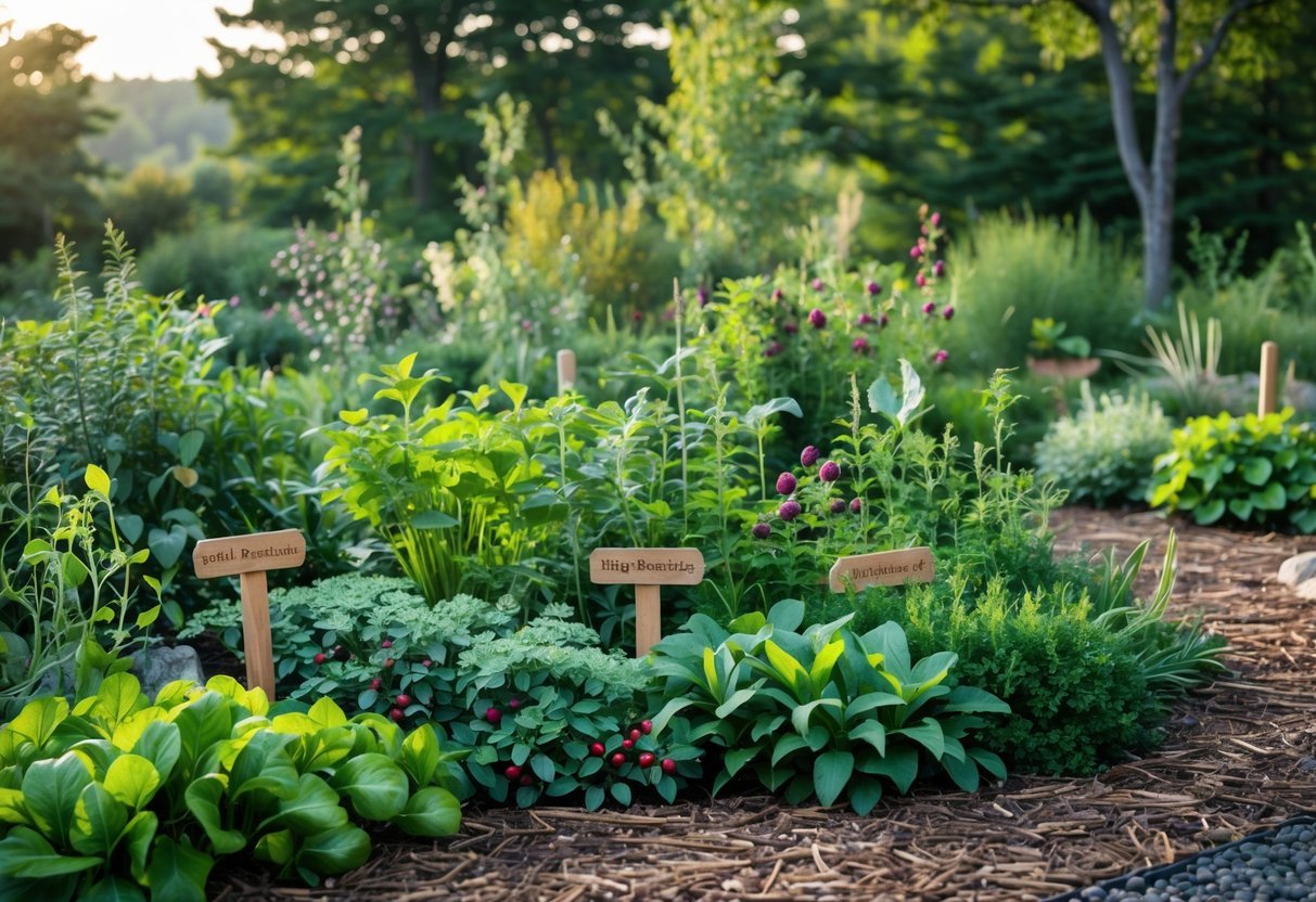 28+ Foraging Friendly Garden Ideas: Easy Plants to Grow for Sustainable Harvesting in the US 21 A garden area filled with various native edible plants like wild berries, leafy greens, and herbs, arranged naturally with paths and surrounded by trees.