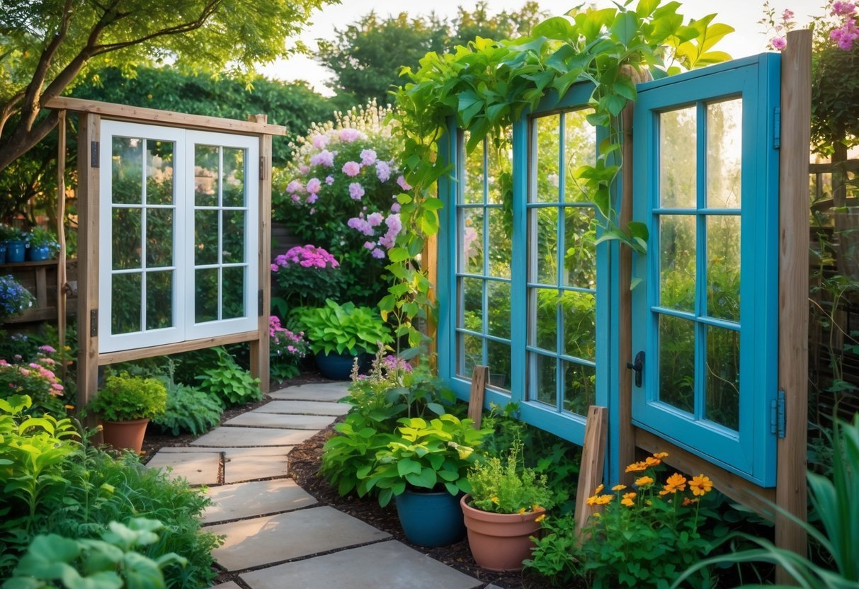 24+ Garden Ideas Using Upcycled Windows: Creative Ways for Stunning Outdoor Spaces in the US 2 A garden with upcycled vintage windows used as trellises and decorative frames among plants and flowers.