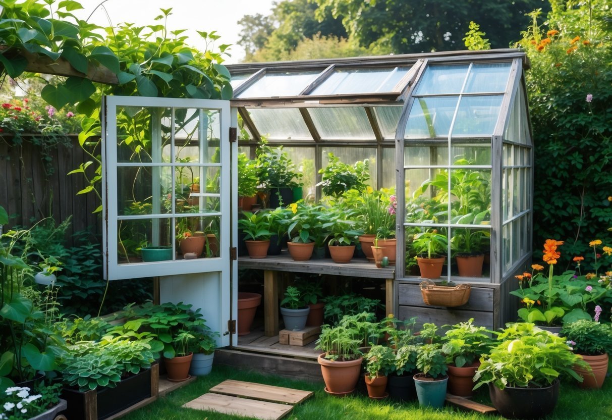 24+ Garden Ideas Using Upcycled Windows: Creative Ways for Stunning Outdoor Spaces in the US 3 A garden greenhouse made from upcycled wooden windows surrounded by green plants and flowers.