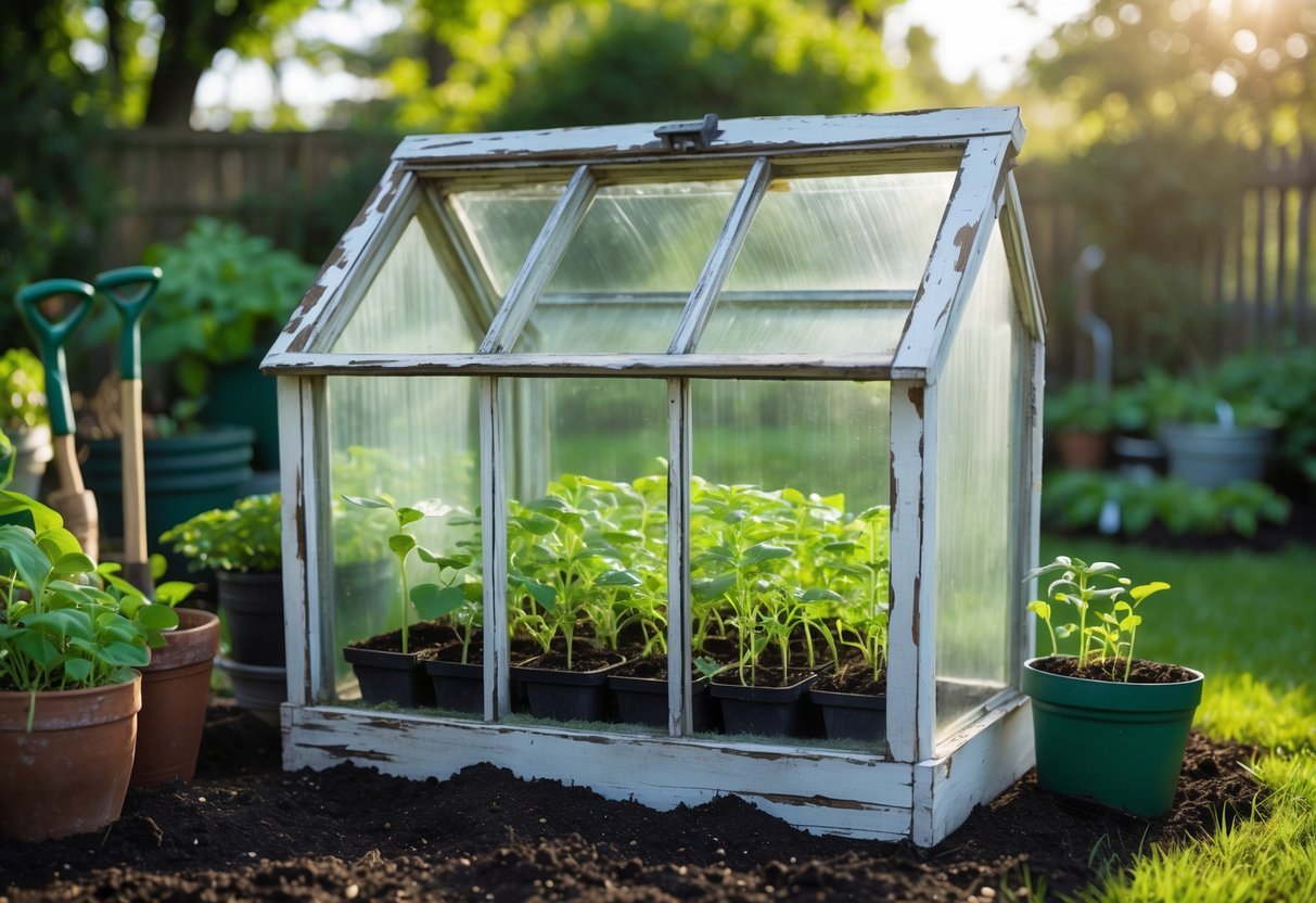 24+ Garden Ideas Using Upcycled Windows: Creative Ways for Stunning Outdoor Spaces in the US 4 A cold frame made from old wooden window frames containing seedlings in a garden surrounded by soil and plants.
