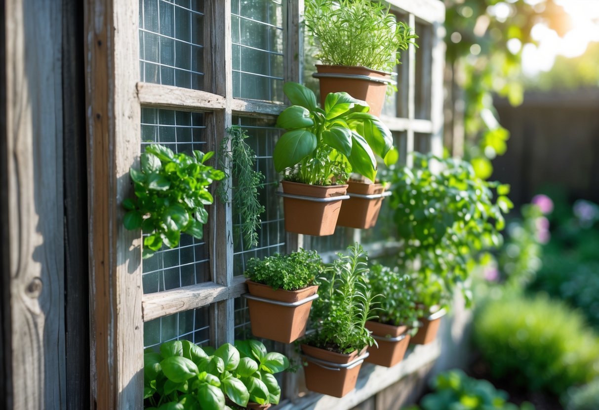 24+ Garden Ideas Using Upcycled Windows: Creative Ways for Stunning Outdoor Spaces in the US 5 Vertical herb garden made from upcycled wooden window frames with various fresh herbs growing in small pots mounted on an outdoor wall.