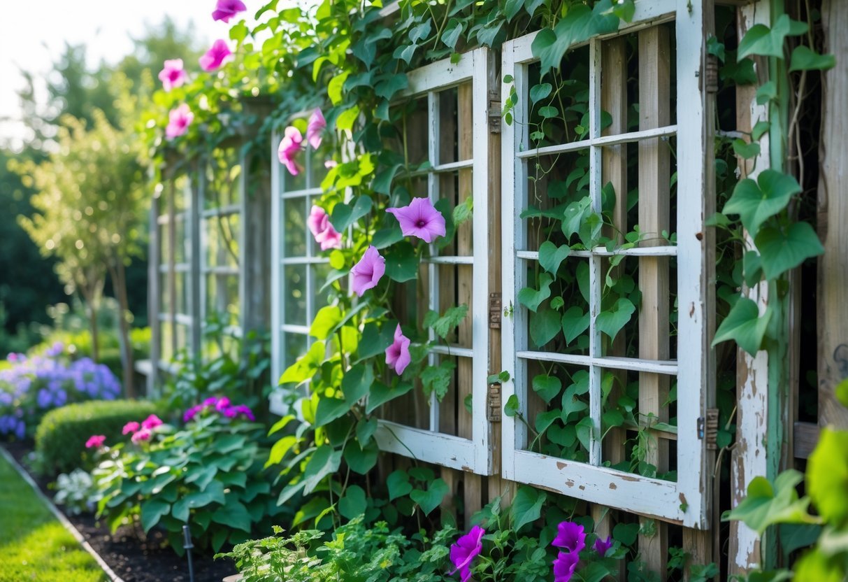 24+ Garden Ideas Using Upcycled Windows: Creative Ways for Stunning Outdoor Spaces in the US 6 A garden trellis made from upcycled wooden window frames covered with climbing plants and colorful flowers in a sunlit garden setting.