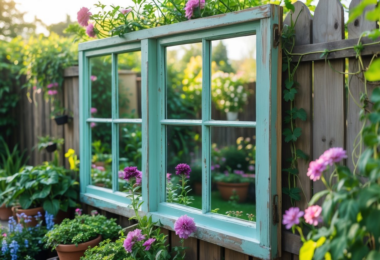 24+ Garden Ideas Using Upcycled Windows: Creative Ways for Stunning Outdoor Spaces in the US 7 A garden with an upcycled window frame used as a decorative mirror on a fence, surrounded by green plants and colorful flowers.