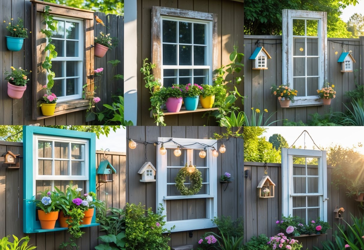 24+ Garden Ideas Using Upcycled Windows: Creative Ways for Stunning Outdoor Spaces in the US 8 Outdoor garden wall decorated with six upcycled wooden window frames adorned with flowers, vines, and lanterns.