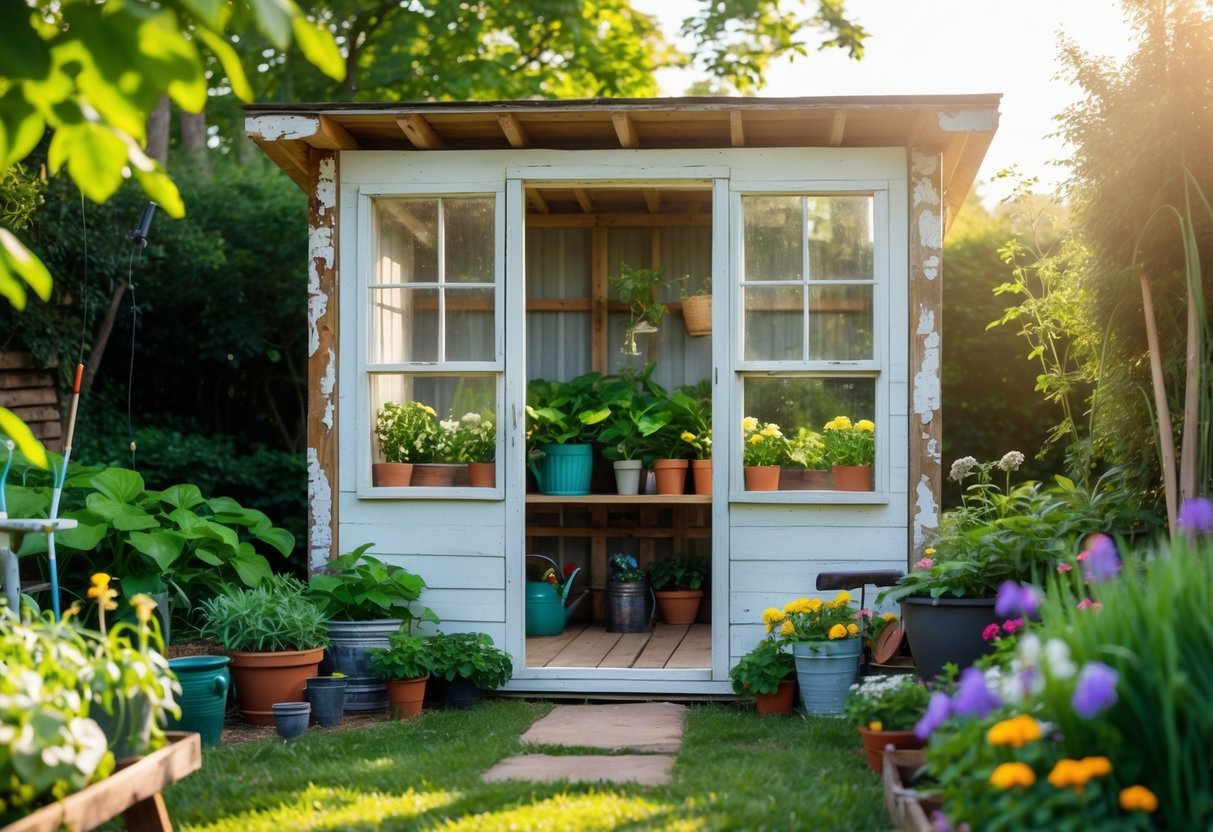 24+ Garden Ideas Using Upcycled Windows: Creative Ways for Stunning Outdoor Spaces in the US 9 A small garden potting shed made from upcycled windows surrounded by plants and flowers.
