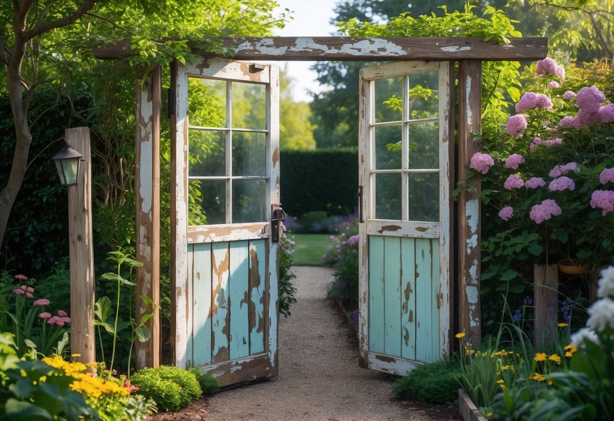 24+ Garden Ideas Using Upcycled Windows: Creative Ways for Stunning Outdoor Spaces in the US 10 A rustic garden gate made from old wooden window frames surrounded by green plants and colorful flowers.