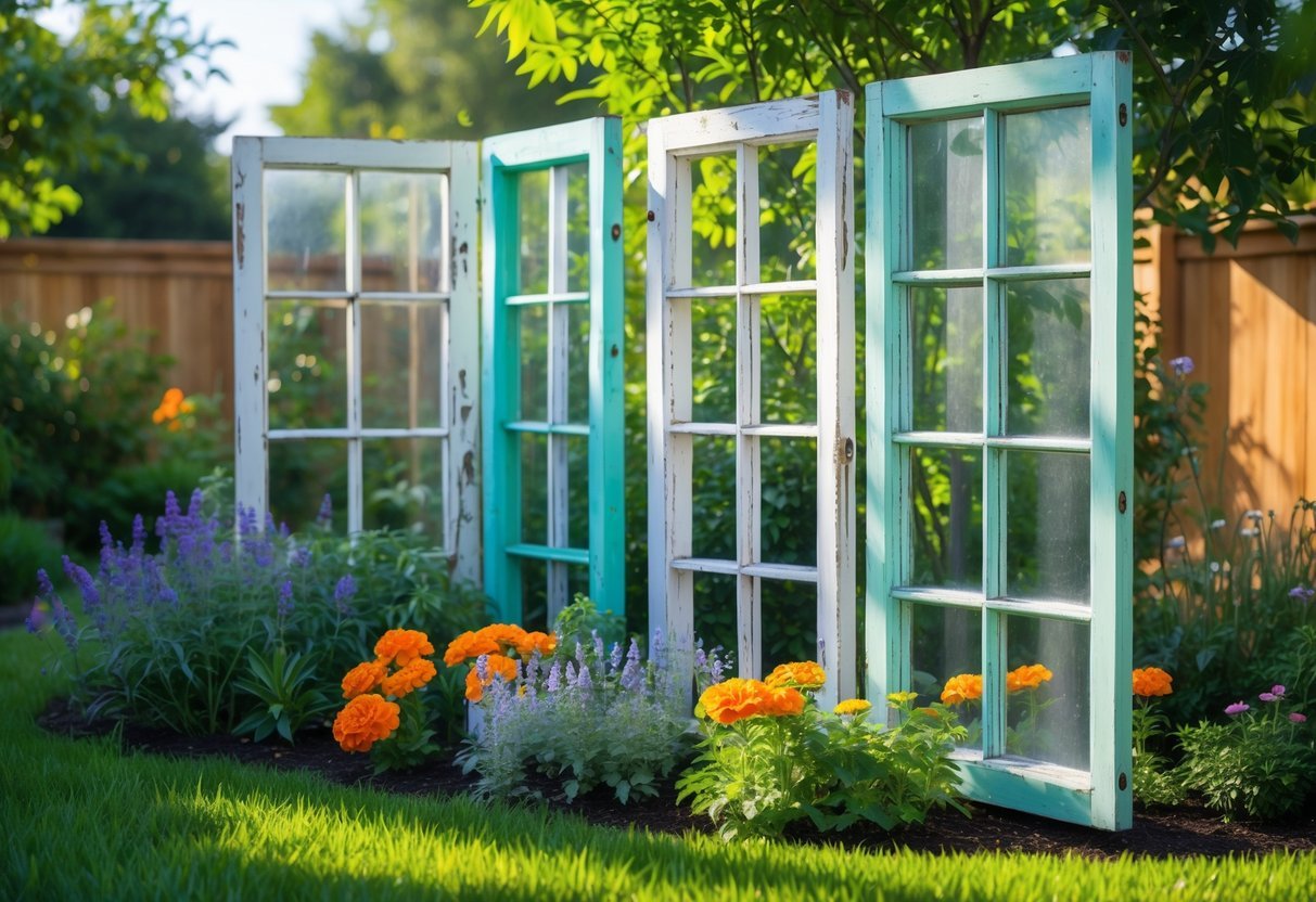 24+ Garden Ideas Using Upcycled Windows: Creative Ways for Stunning Outdoor Spaces in the US 12 A garden divider made from upcycled wooden window frames surrounded by colorful flowers and greenery in a backyard garden.