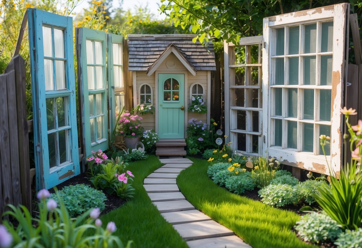 24+ Garden Ideas Using Upcycled Windows: Creative Ways for Stunning Outdoor Spaces in the US 13 A small front garden with colorful flowers and a miniature fairy house surrounded by repurposed old wooden window frames used as garden decorations.