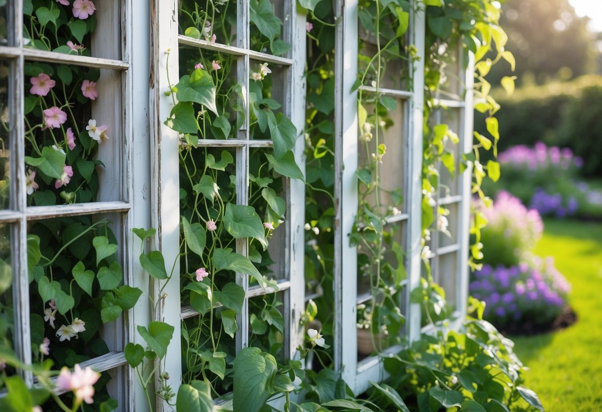 24+ Garden Ideas Using Upcycled Windows: Creative Ways for Stunning Outdoor Spaces in the US 14 A garden with upcycled window frames used as supports for climbing plants with green leaves and flowers.
