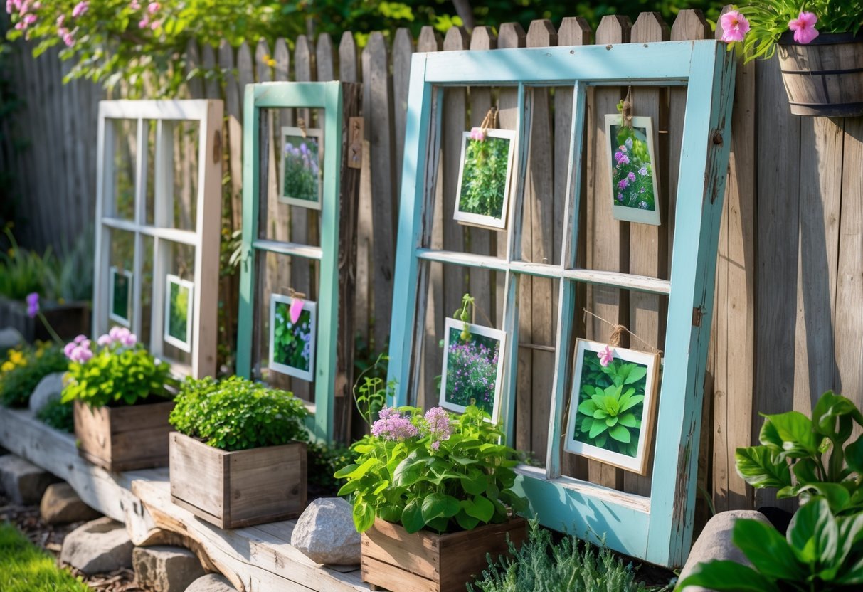 24+ Garden Ideas Using Upcycled Windows: Creative Ways for Stunning Outdoor Spaces in the US 15 A garden display with upcycled wooden window frames holding garden photos, surrounded by plants and flowers.