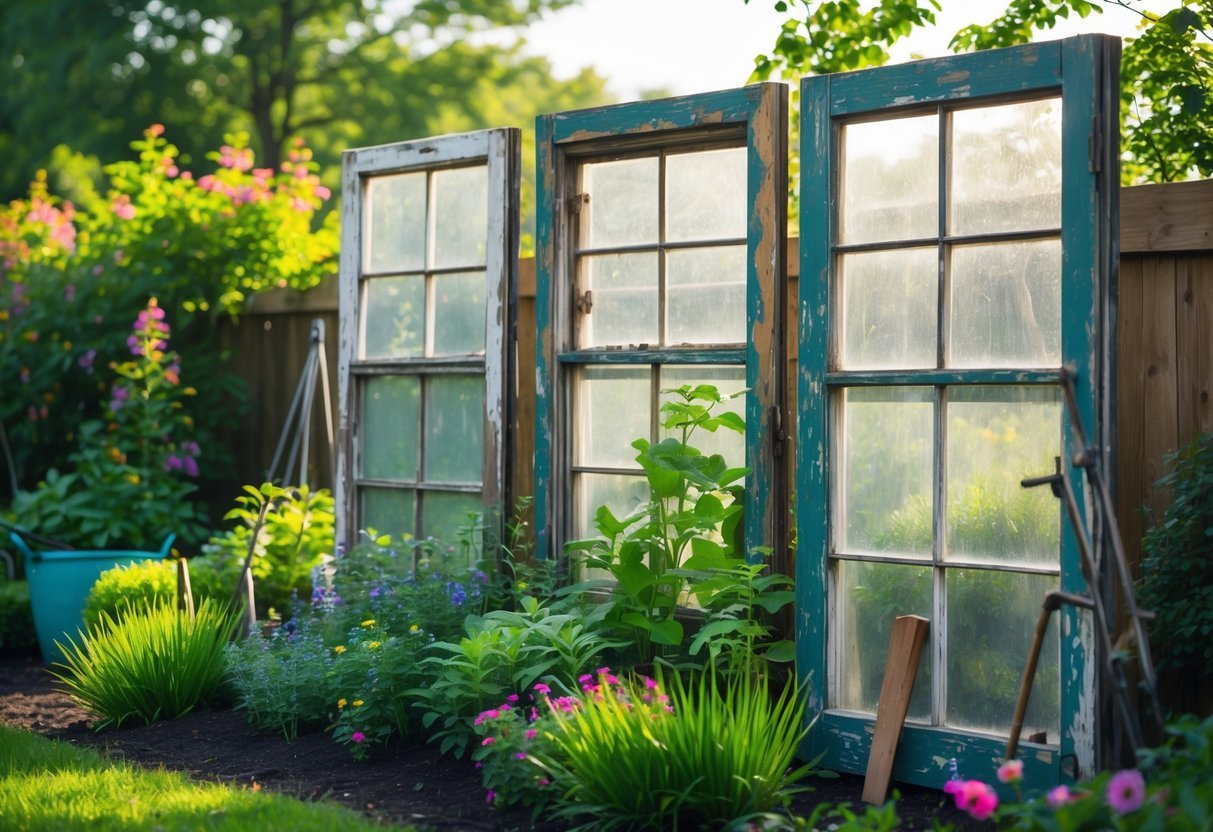 24+ Garden Ideas Using Upcycled Windows: Creative Ways for Stunning Outdoor Spaces in the US 16 A garden with a windbreak made from old wooden window frames surrounded by green plants and flowers.