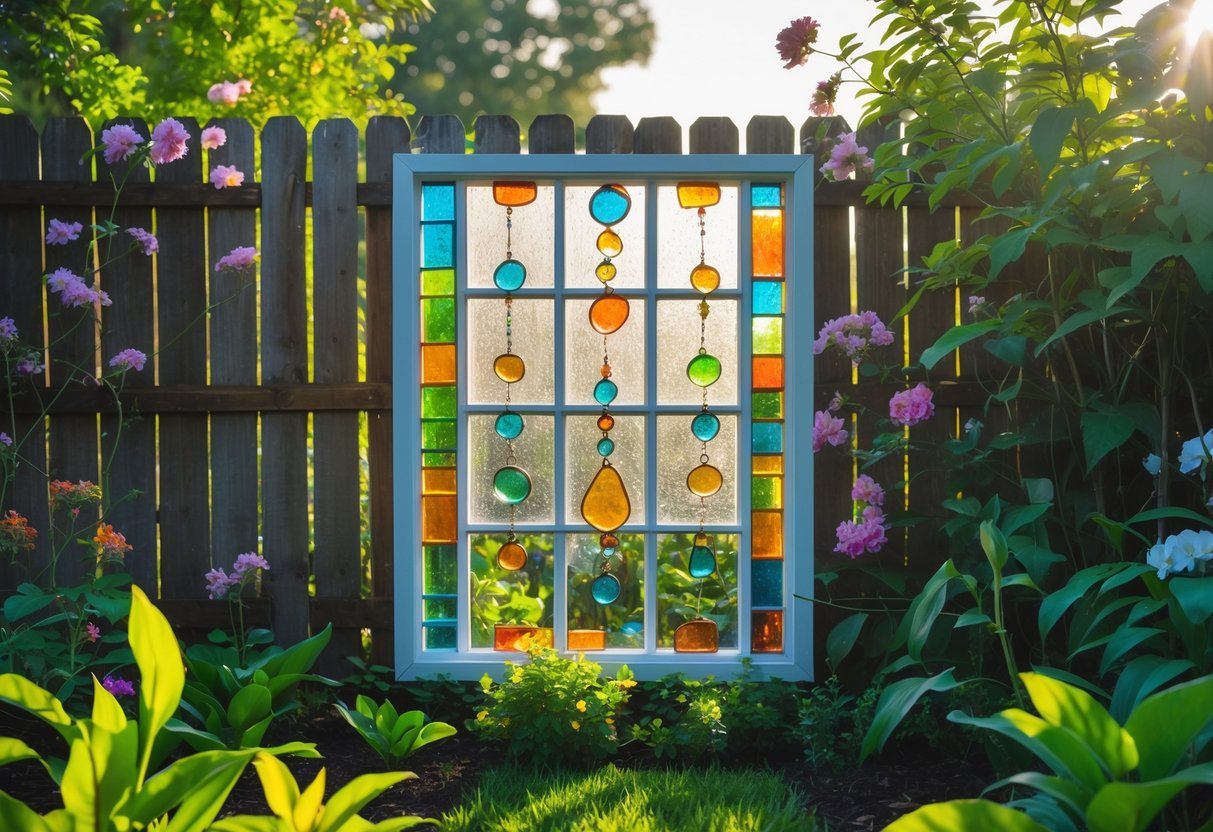 24+ Garden Ideas Using Upcycled Windows: Creative Ways for Stunning Outdoor Spaces in the US 17 A colorful suncatcher window panel made from upcycled windows displayed in a garden surrounded by green plants and flowers.