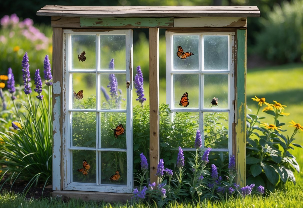 24+ Garden Ideas Using Upcycled Windows: Creative Ways for Stunning Outdoor Spaces in the US 18 A garden with a butterfly and bee habitat cover made from old wooden window frames surrounded by flowering plants attracting pollinators.