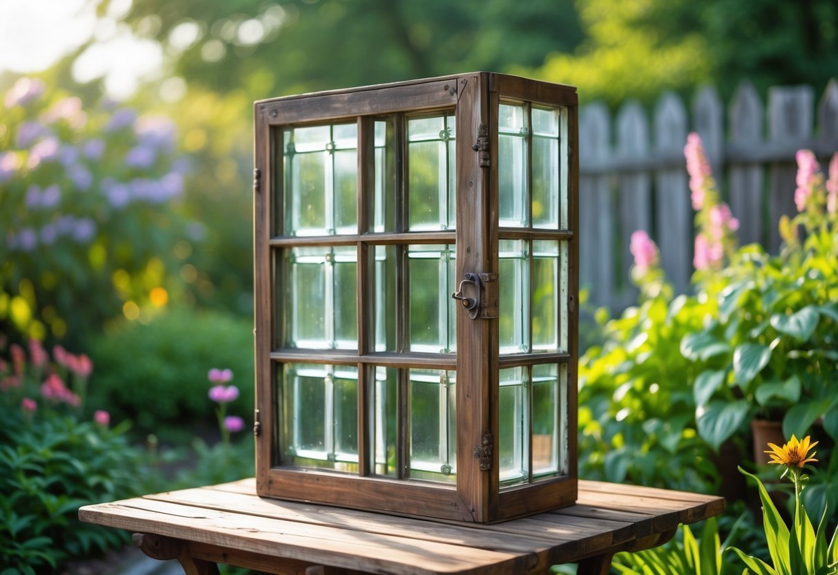 24+ Garden Ideas Using Upcycled Windows: Creative Ways for Stunning Outdoor Spaces in the US 19 A garden table displaying a lantern frame made from old window panes surrounded by plants and flowers.