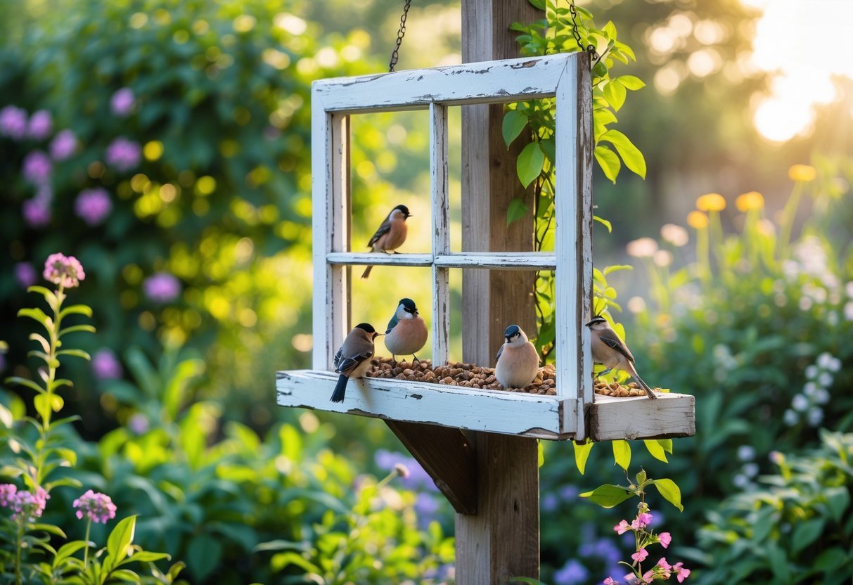 24+ Garden Ideas Using Upcycled Windows: Creative Ways for Stunning Outdoor Spaces in the US 20 A bird feeder made from an old window frame in a garden with birds perched on it and surrounded by plants and flowers.