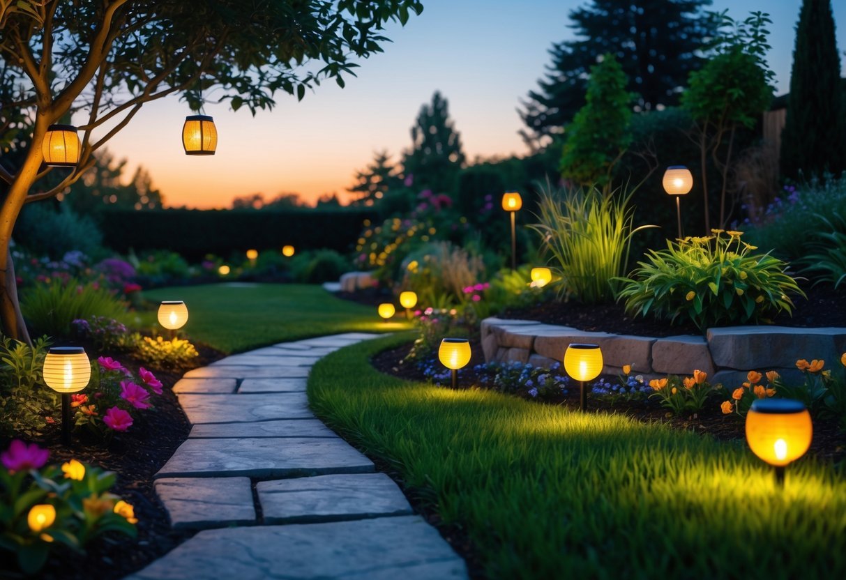 A garden at dusk with solar lights illuminating pathways, plants, and trees, creating a warm and inviting atmosphere.