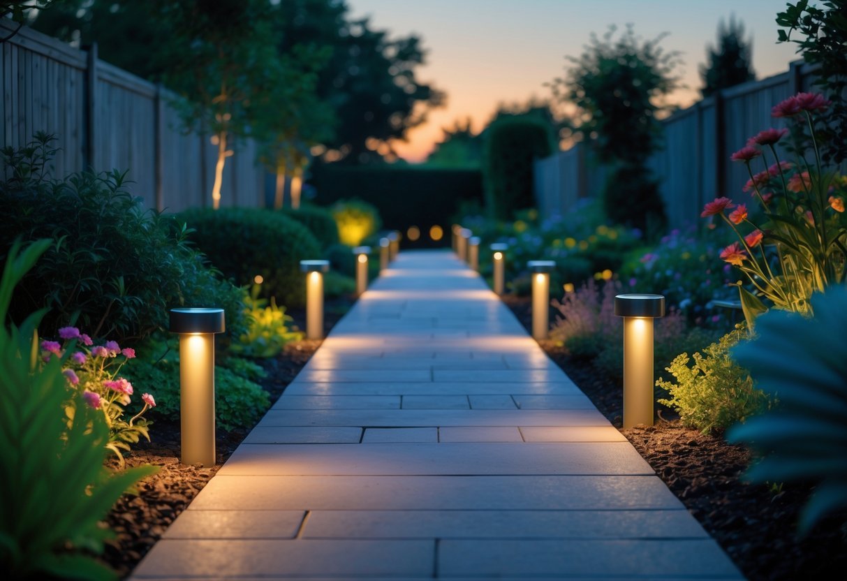 A garden walkway lined with solar pathway lights glowing softly among green plants and flowers at dusk.