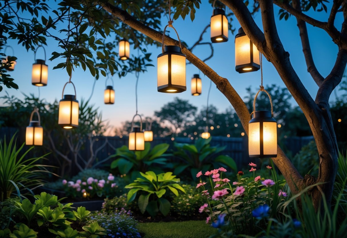 A garden at dusk with solar-powered lanterns hanging from tree branches, glowing softly among green plants and flowers.