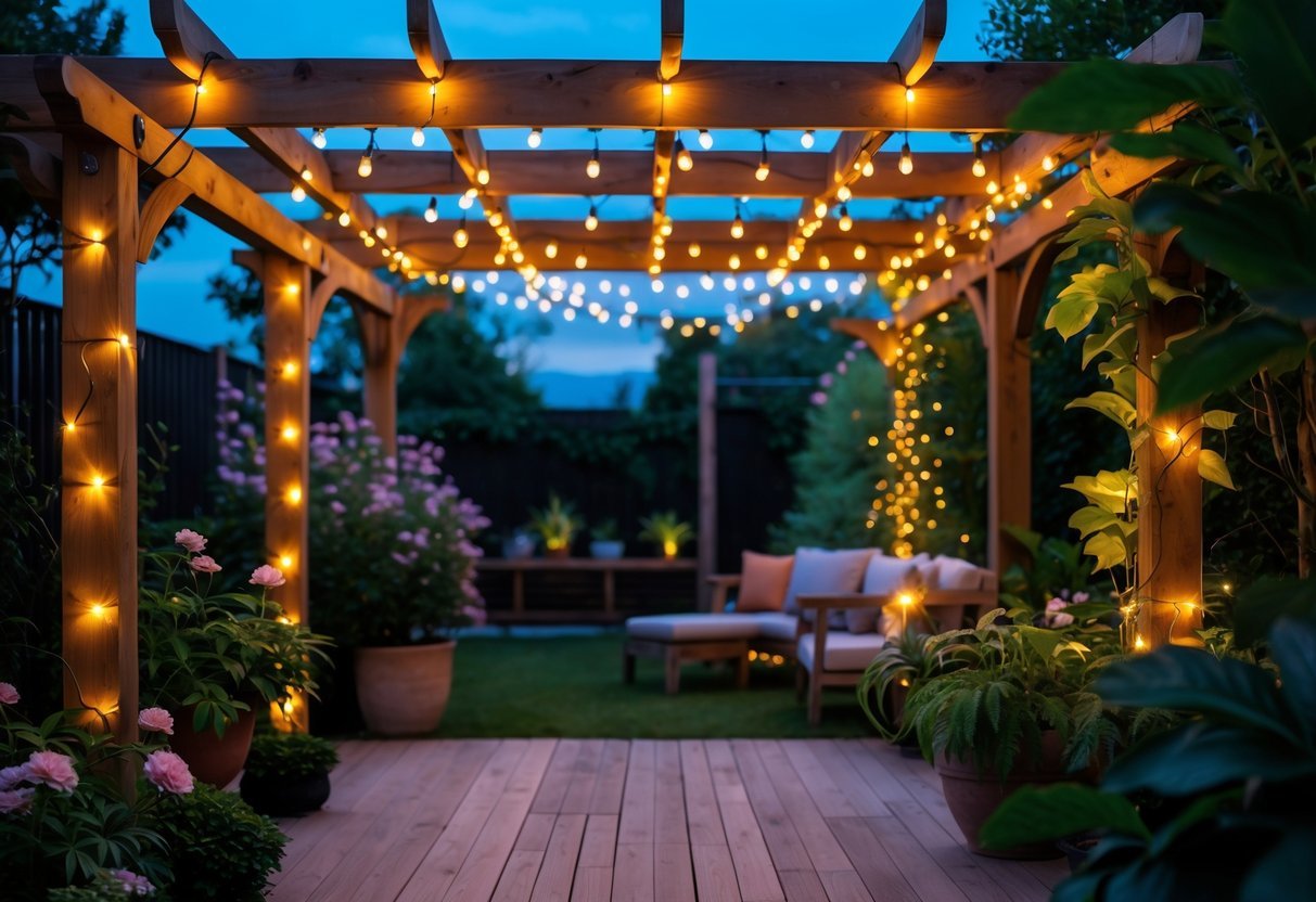 A wooden pergola in a garden with solar string lights glowing among plants and greenery in the evening.
