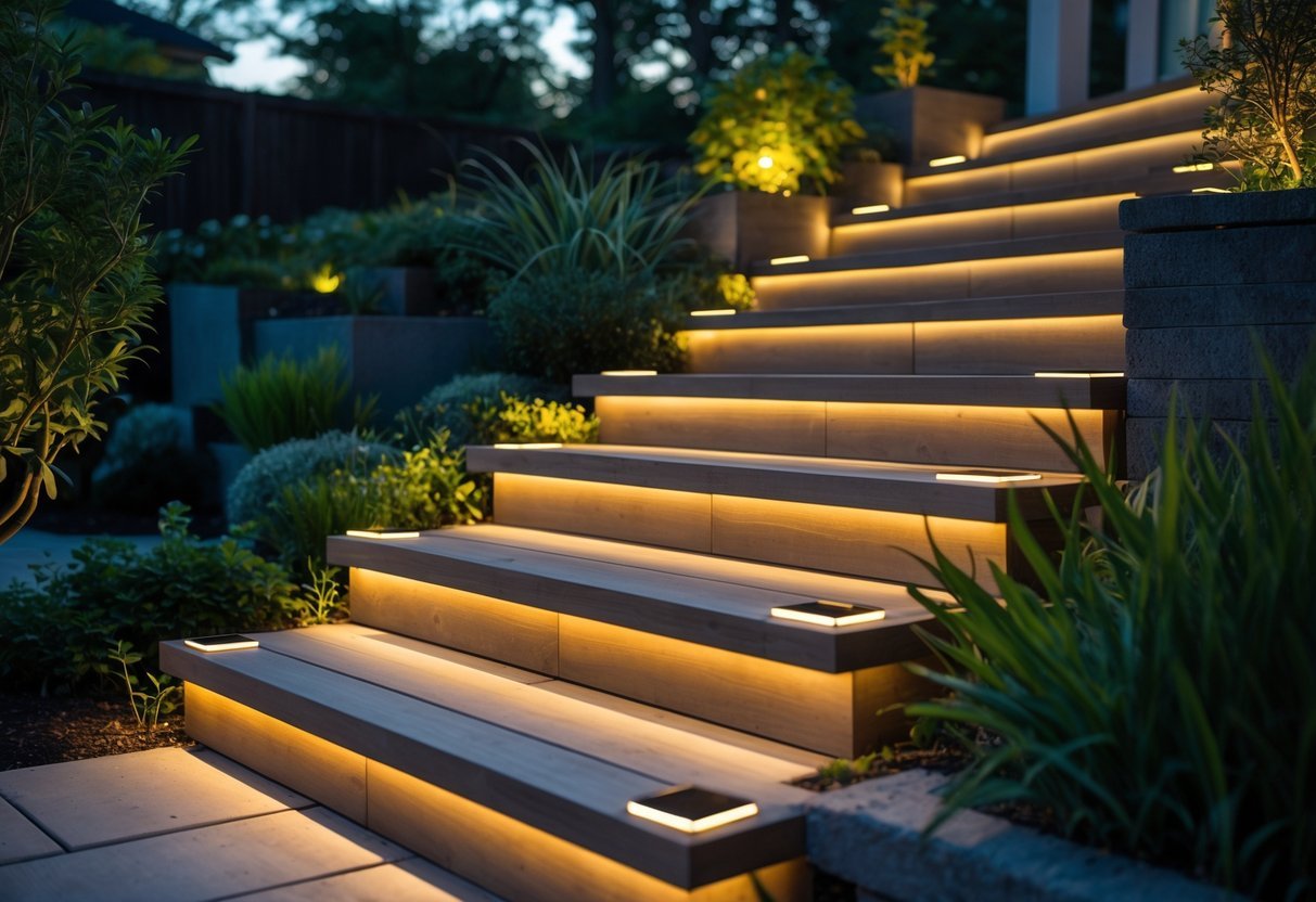 Outdoor garden staircase with solar deck lights glowing along the edges, surrounded by plants and greenery at twilight.