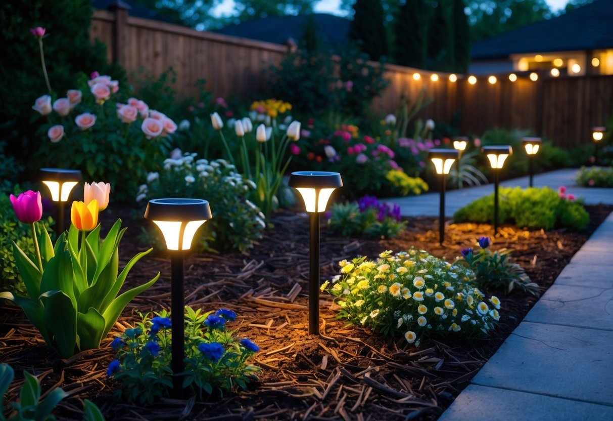 A garden at dusk with solar stake lights glowing softly around colorful flower beds and green plants.