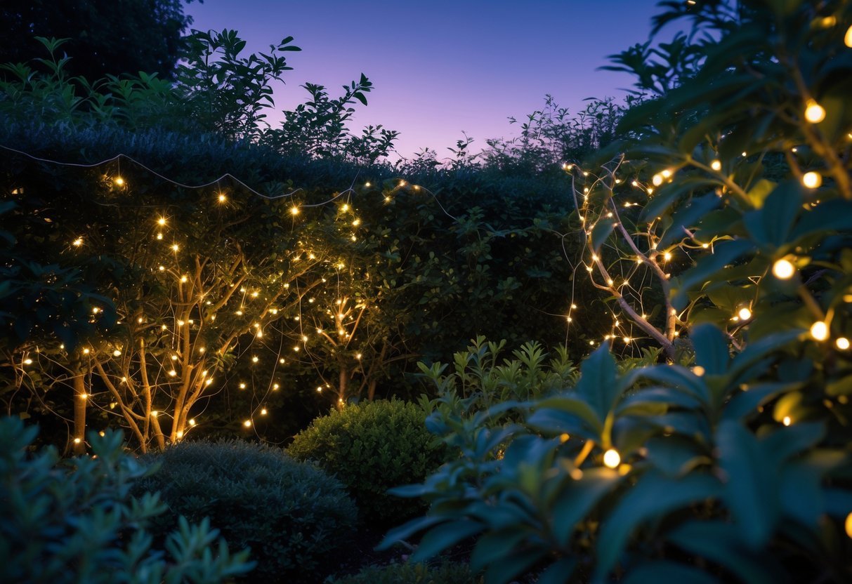 A garden with dense green shrubs decorated with warm glowing solar fairy lights at dusk.