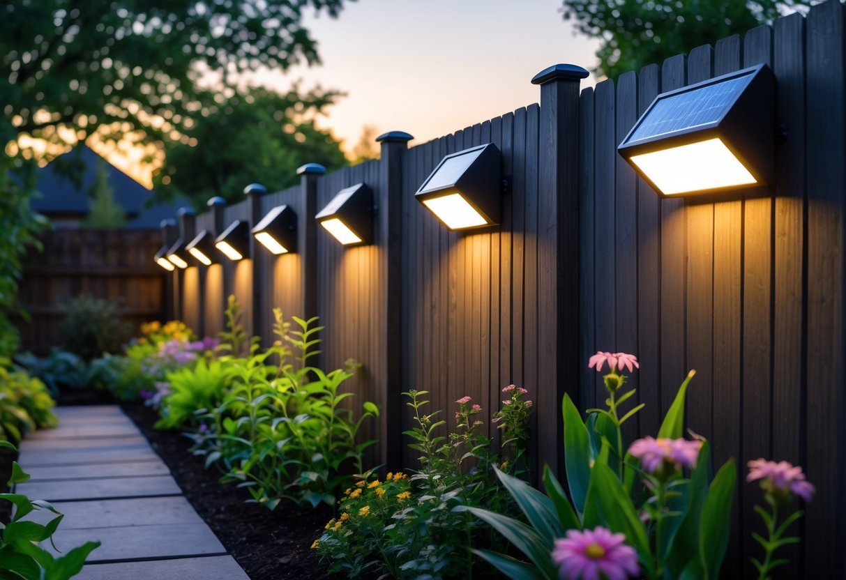 A garden fence with several solar wall sconces glowing softly, surrounded by plants and flowers during early evening.