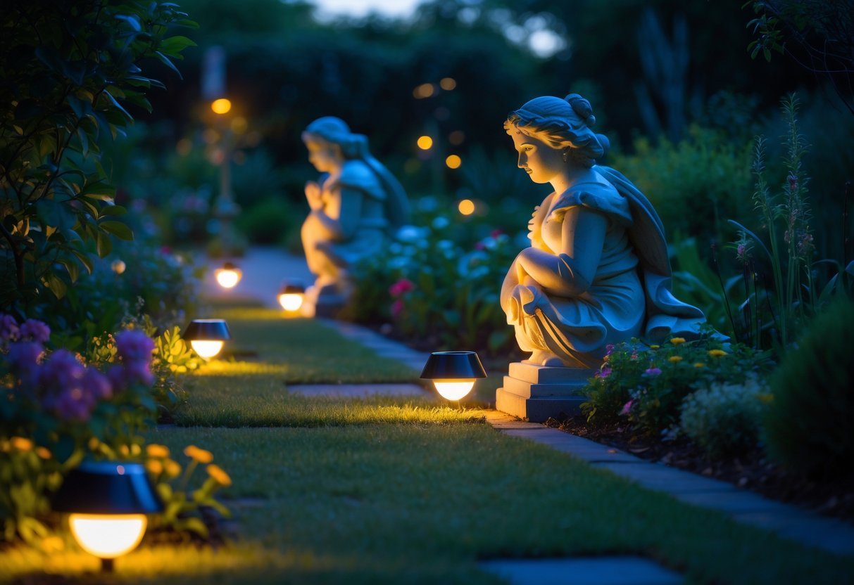 Garden statues illuminated by solar spotlights surrounded by plants and flowers at dusk.