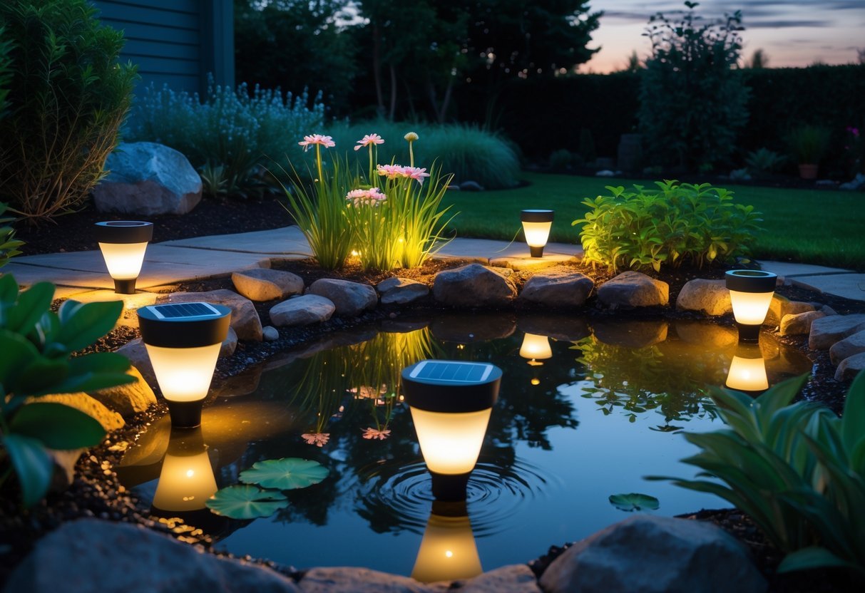 A small garden pond at dusk with solar-powered lights glowing softly around the water and plants.