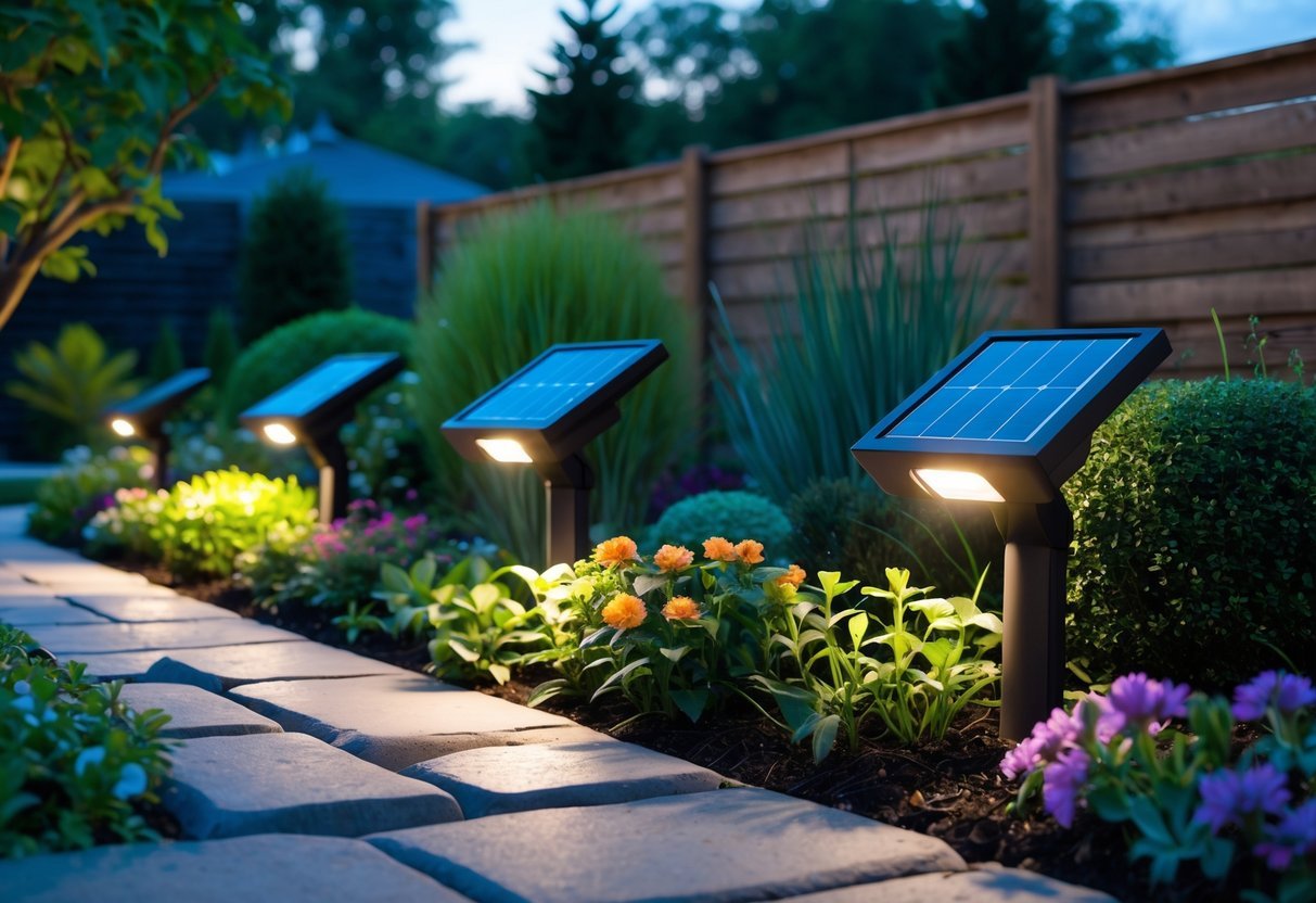 A garden pathway and flower beds illuminated by solar motion sensor lights glowing softly at dusk.