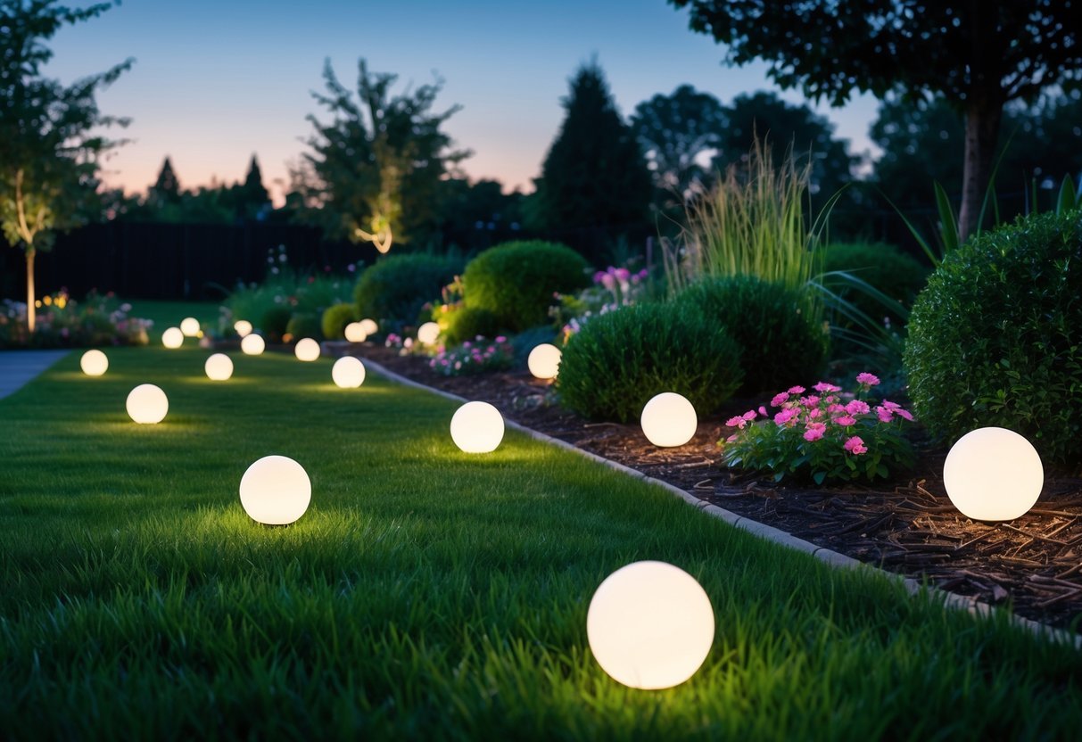 A lawn garden at dusk with solar globe lights scattered across the grass, glowing softly among flowers and shrubs.
