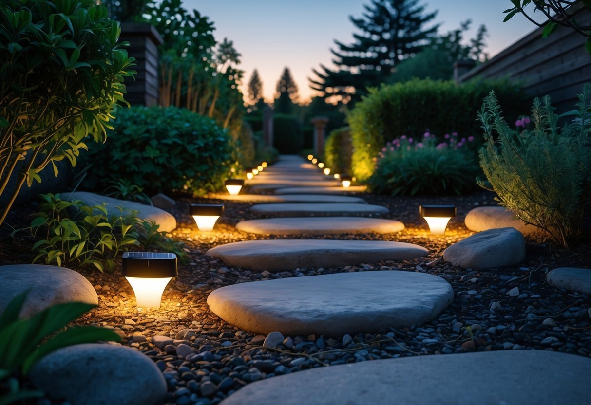 A garden pathway lit by solar-powered rock lights surrounded by green plants and trees at dusk.