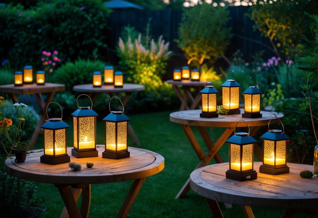 Thirteen solar candle lanterns glowing on outdoor tables surrounded by garden plants and flowers in the evening.