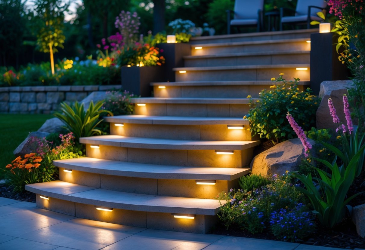 Outdoor patio stairs at dusk illuminated by solar step lights surrounded by garden plants and flowers.