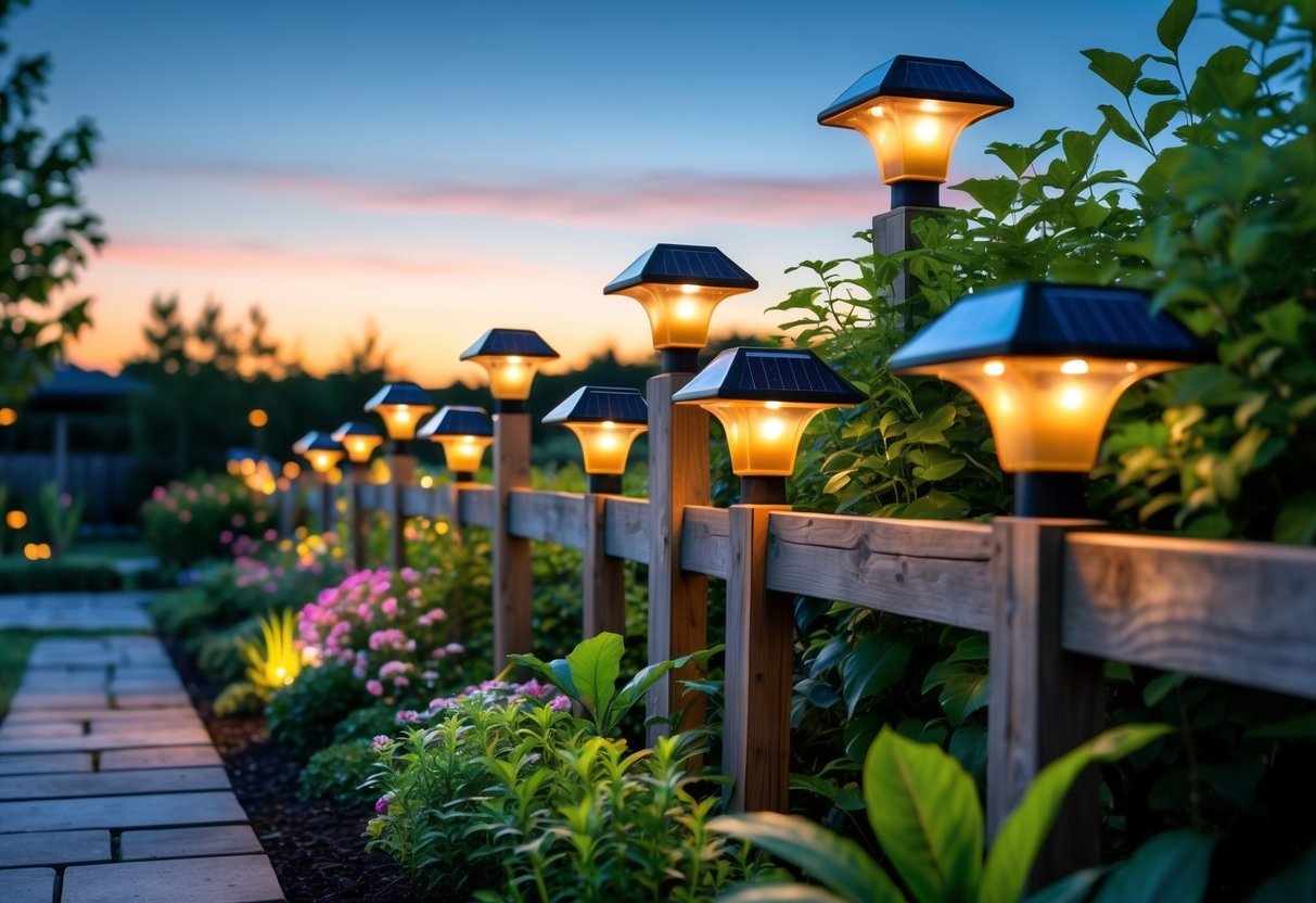 A garden at dusk with 15 solar fence post cap lights glowing along a wooden fence, surrounded by plants and flowers.