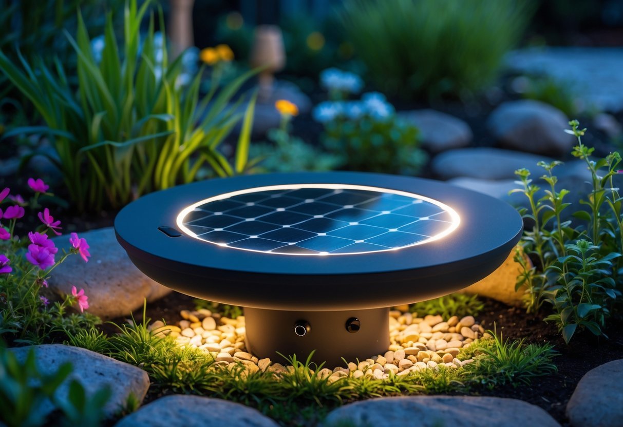 A solar-powered birdbath with glowing LED lights surrounded by plants and flowers in a garden at dusk.