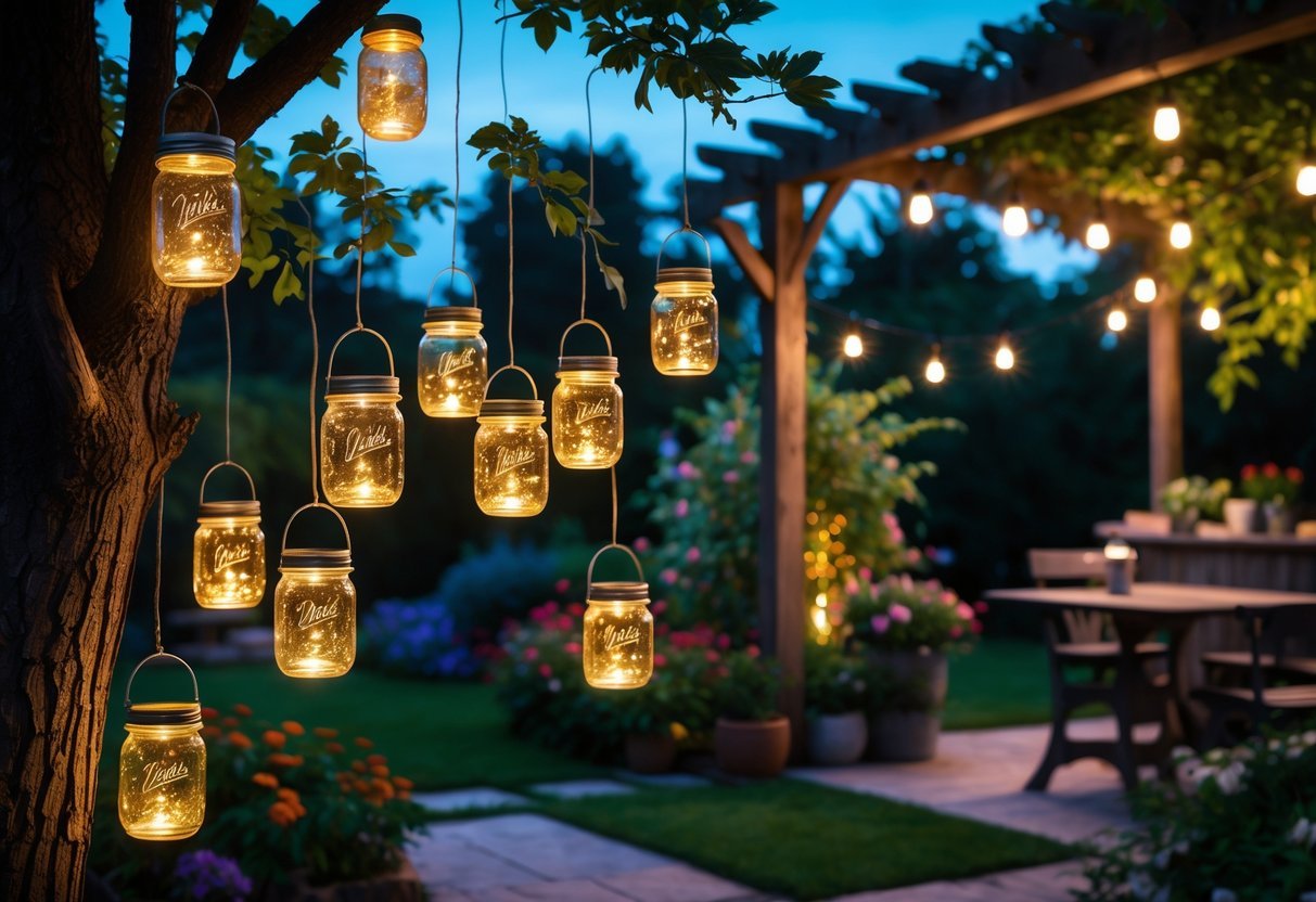 Garden at dusk with 17 glowing solar-powered mason jar lights hanging from trees and pergolas surrounded by plants and flowers.