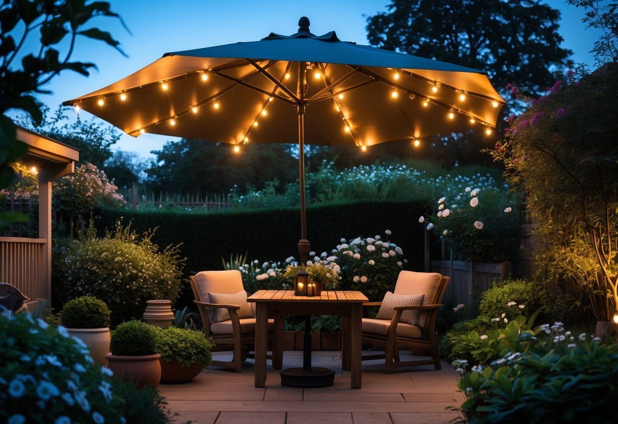 Outdoor garden seating area with a patio umbrella decorated with glowing solar lights over a wooden table and chairs surrounded by plants.