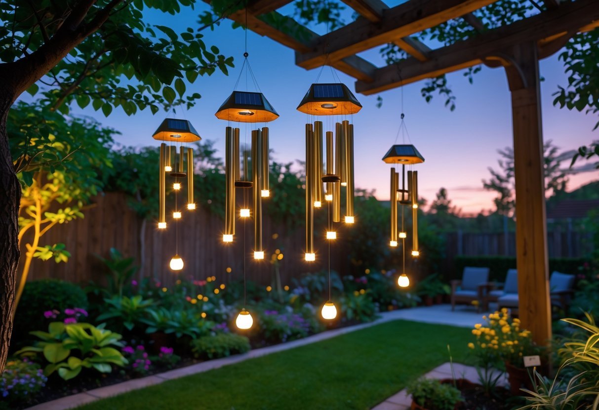 A garden at dusk with solar-powered wind chime lights glowing softly among green plants and flowers.