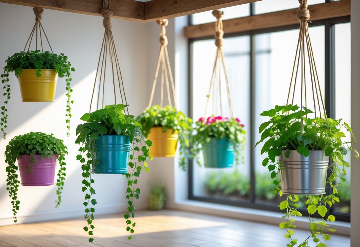 25+ Hanging Bucket Planter Ideas: Creative Ways to Elevate Your US Garden Space 2 Several colorful hanging bucket planters filled with green plants and flowers displayed near a window in a bright indoor space.