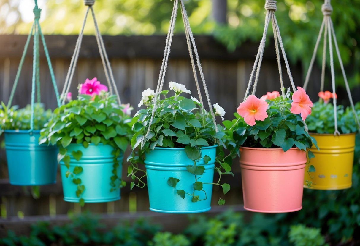 25+ Hanging Bucket Planter Ideas: Creative Ways to Elevate Your US Garden Space 3 Several colorful painted tin bucket planters hanging outdoors filled with green plants and flowers.
