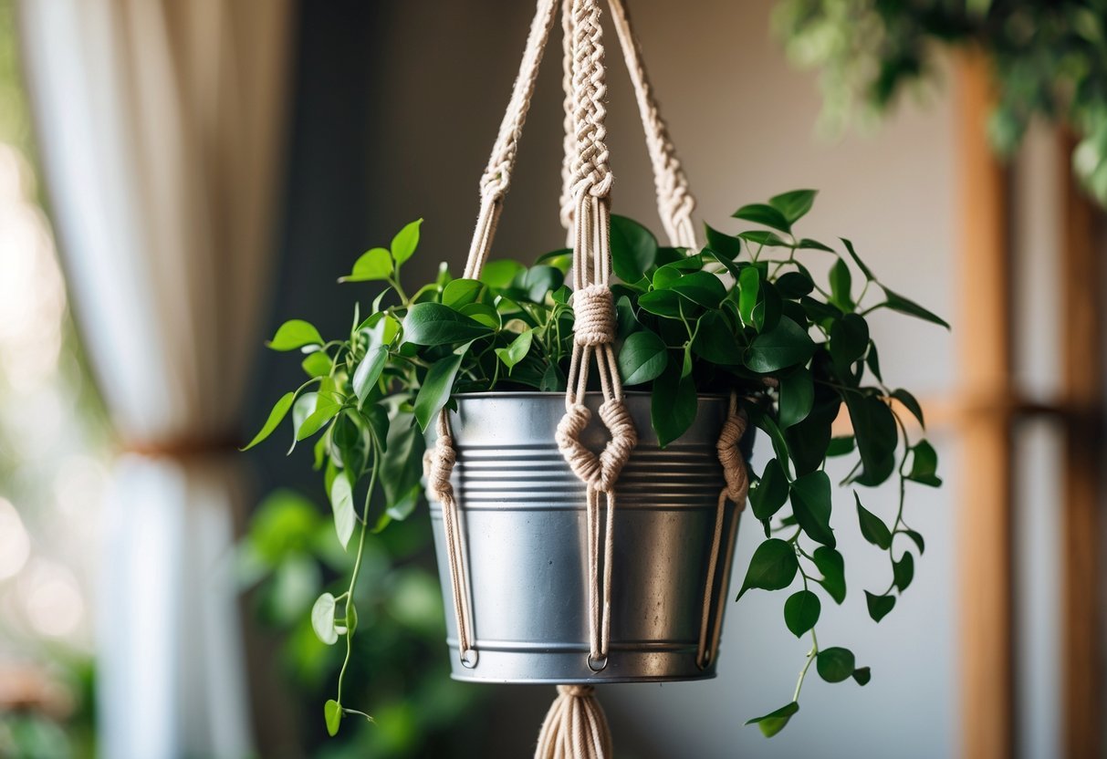 25+ Hanging Bucket Planter Ideas: Creative Ways to Elevate Your US Garden Space 4 A galvanized metal bucket hanging from a macramé hanger, filled with green plants.
