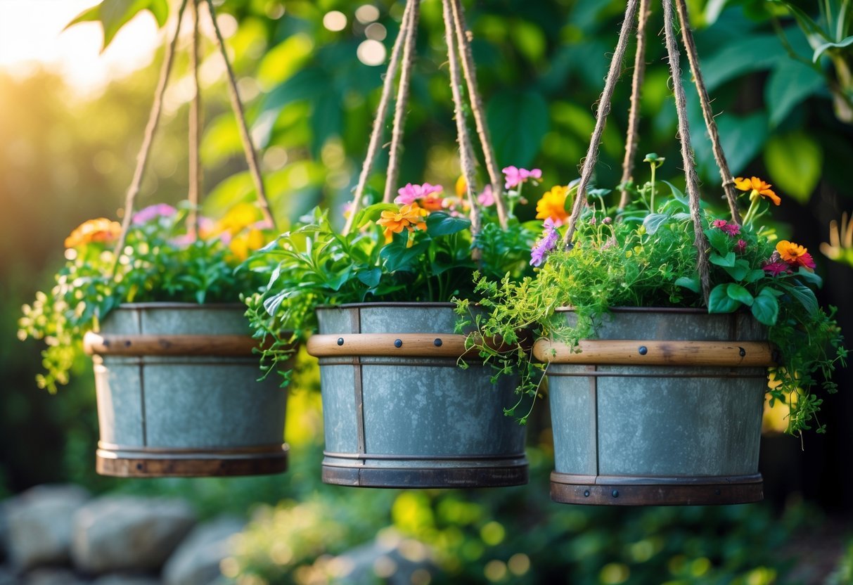25+ Hanging Bucket Planter Ideas: Creative Ways to Elevate Your US Garden Space 5 Three hanging bucket planters with wooden handles filled with green plants and flowers outdoors.